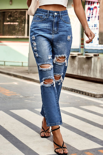 Distressed Buttoned Womens Jeans with Pockets - Aurelia Clothing