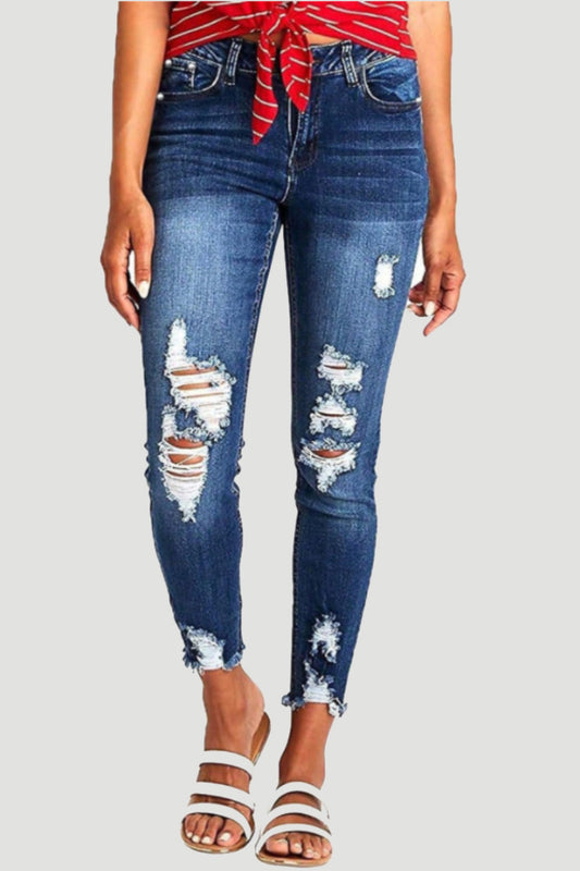 Distressed Raw Hem Jeans with Pockets - Aurelia Clothing