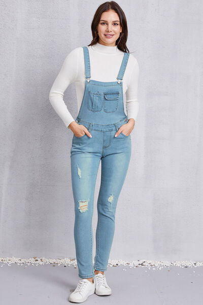 Distressed Washed Denim Overalls with Pockets - Aurelia Clothing