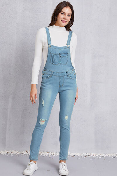 Distressed Washed Denim Overalls with Pockets - Aurelia Clothing