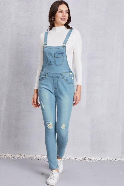 Distressed Washed Denim Overalls with Pockets - Aurelia Clothing