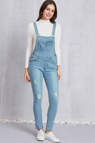 Distressed Washed Denim Overalls with Pockets - Aurelia Clothing