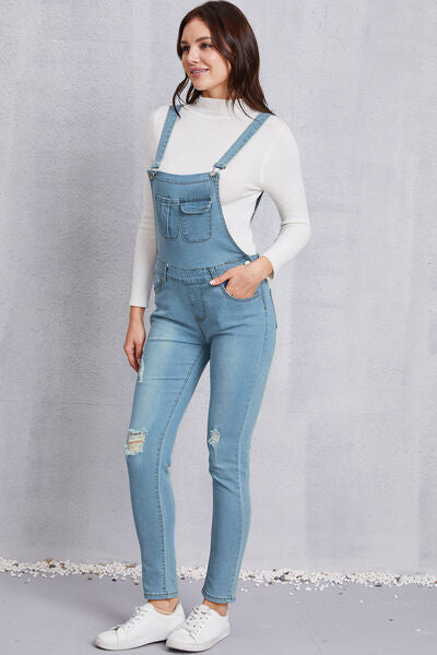 Distressed Washed Denim Overalls with Pockets - Aurelia Clothing