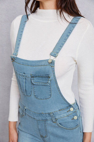 Distressed Washed Denim Overalls with Pockets - Aurelia Clothing