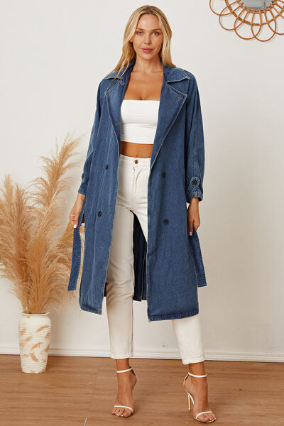 Double-Breasted Belted Longline Denim Womens Jacket - Aurelia Clothing