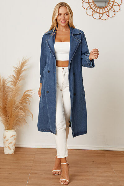 Double-Breasted Belted Longline Denim Womens Jacket - Aurelia Clothing