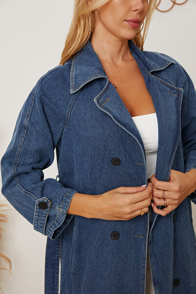 Double-Breasted Belted Longline Denim Womens Jacket - Aurelia Clothing