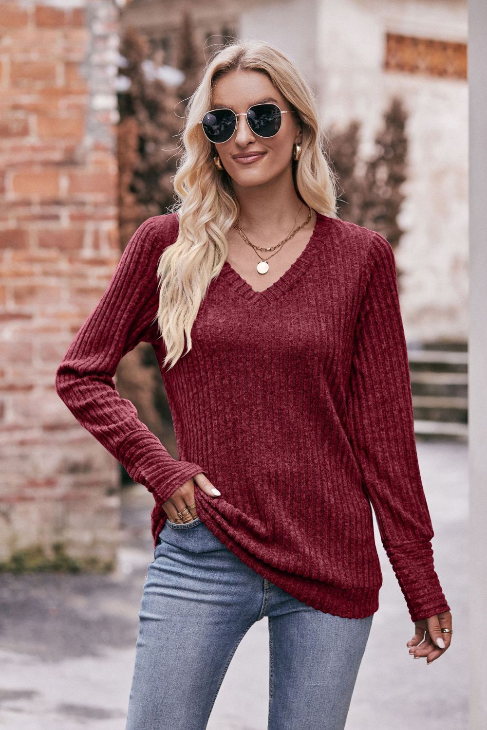 Double Take V-Neck Long Sleeve Ribbed Top - Aurelia Clothing