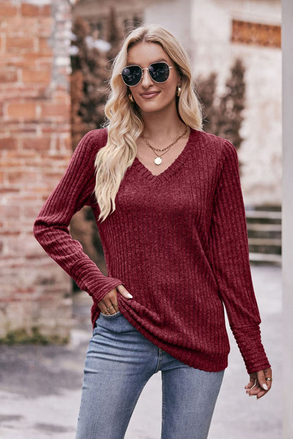 Double Take V-Neck Long Sleeve Ribbed Top - Aurelia Clothing