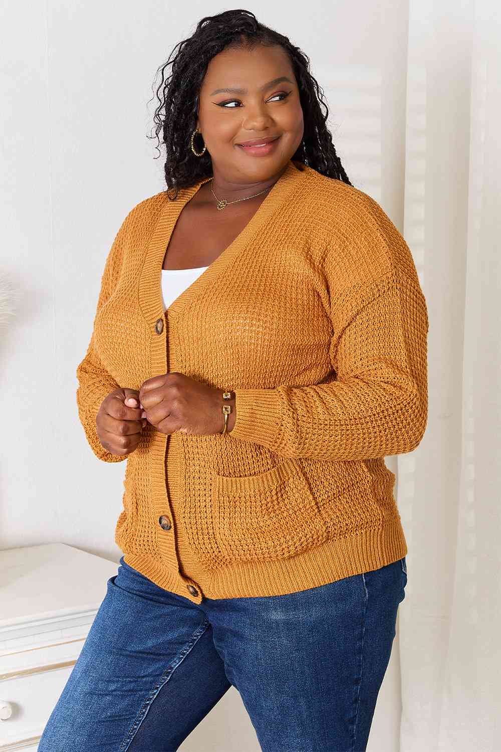 Double Take Drop Shoulder Button Down Cardigan with Pockets - Aurelia Clothing