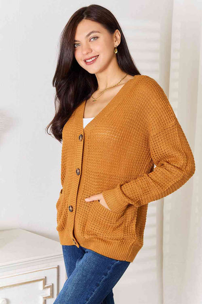 Double Take Drop Shoulder Button Down Cardigan with Pockets - Aurelia Clothing