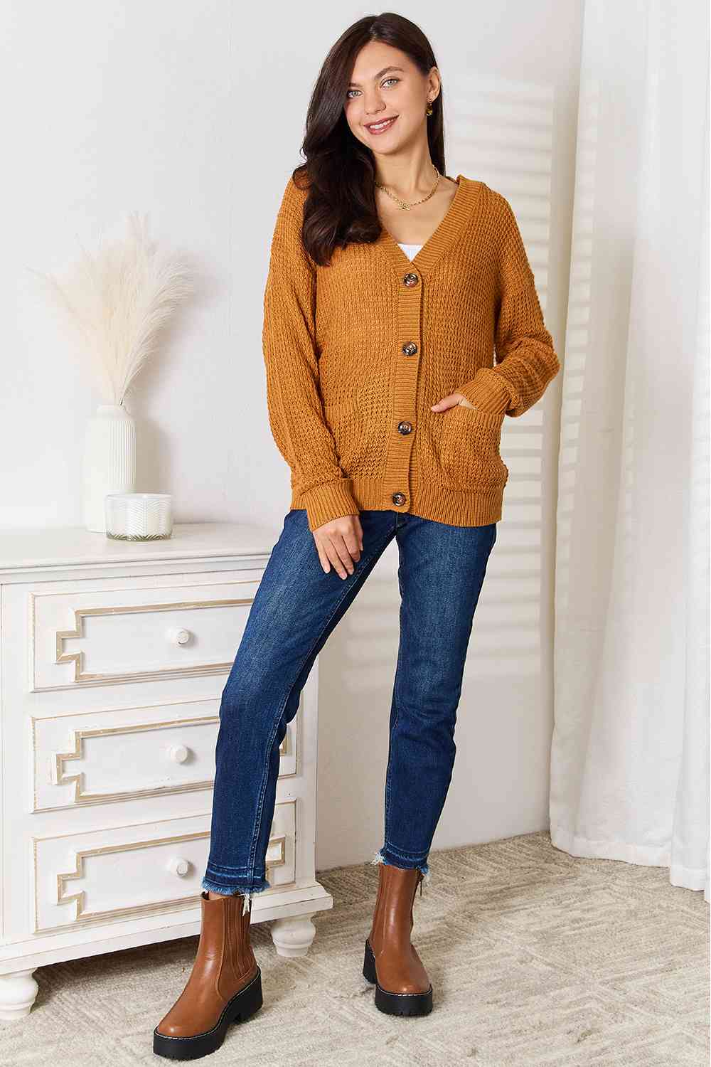 Double Take Drop Shoulder Button Down Cardigan with Pockets - Aurelia Clothing