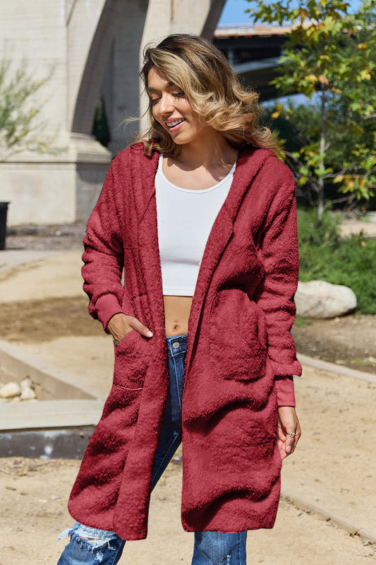 Double Take Full Size Hooded Teddy Bear Jacket with Thumbholes - Aurelia Clothing