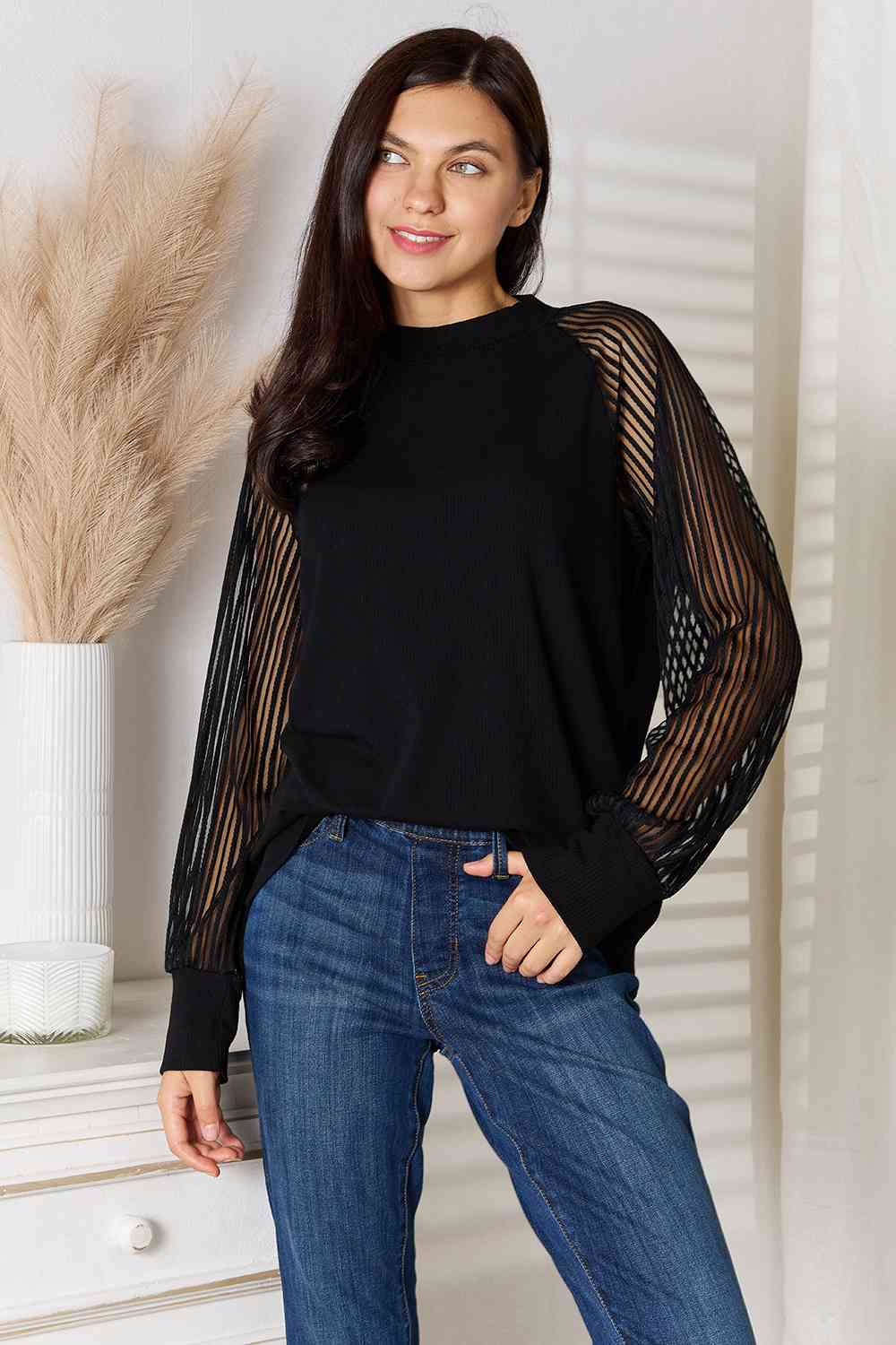 Double Take Round Neck Raglan Sleeve Blouse - Aurelia Clothing