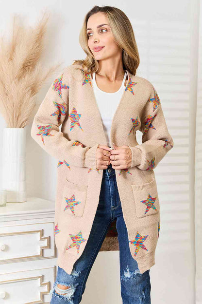 Double Take Star Pattern Open Front Longline Cardigan - Aurelia Clothing