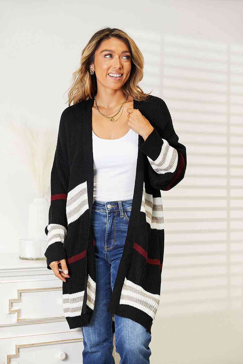 Double Take Striped Rib-Knit Drop Shoulder Open Front Cardigan - Aurelia Clothing