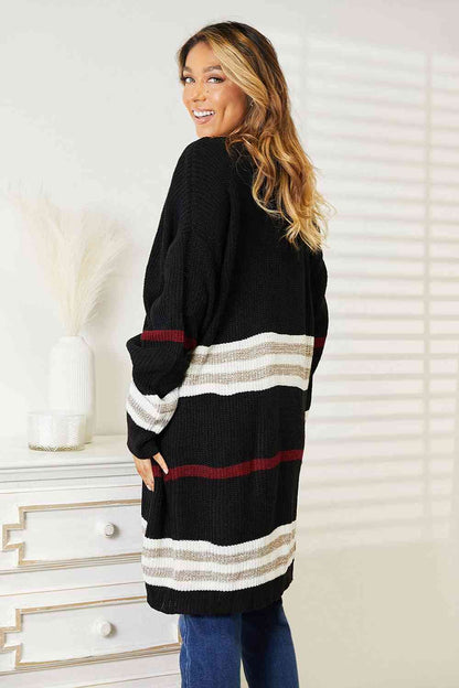 Double Take Striped Rib-Knit Drop Shoulder Open Front Cardigan - Aurelia Clothing