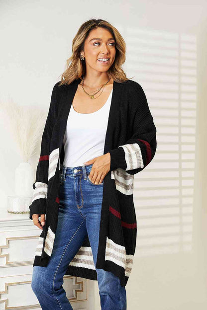 Double Take Striped Rib-Knit Drop Shoulder Open Front Cardigan - Aurelia Clothing