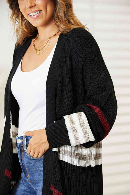 Double Take Striped Rib-Knit Drop Shoulder Open Front Cardigan - Aurelia Clothing