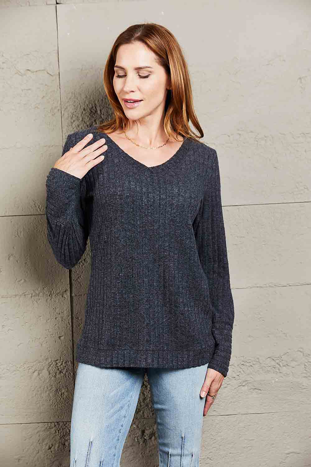 Double Take V-Neck Long Sleeve Ribbed Top - Aurelia Clothing