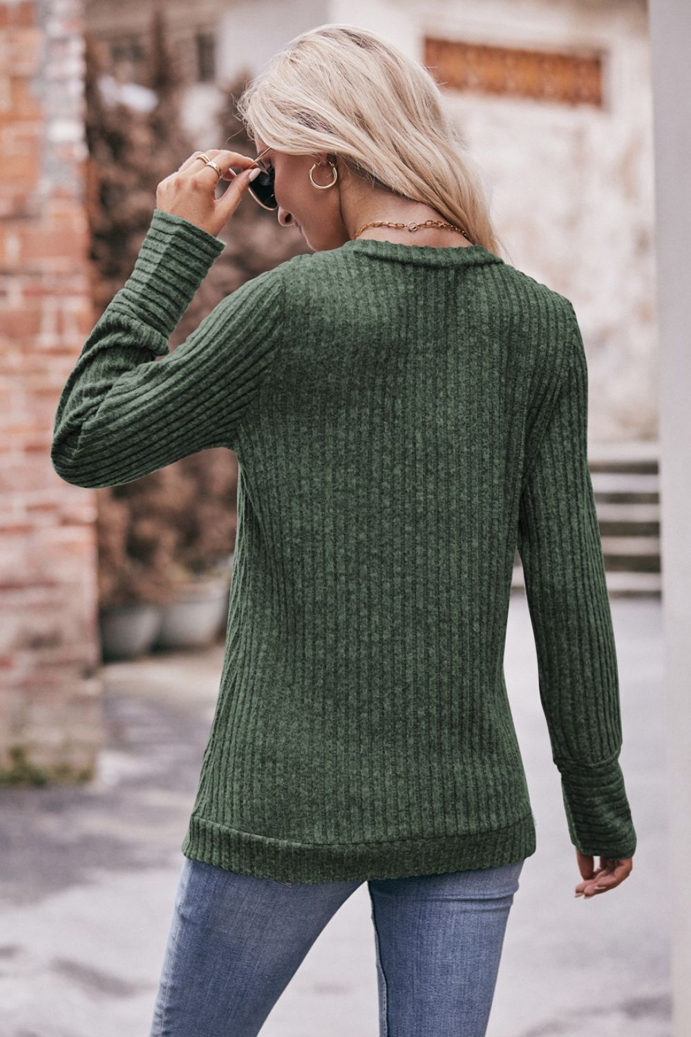 Double Take V-Neck Long Sleeve Ribbed Top - Aurelia Clothing