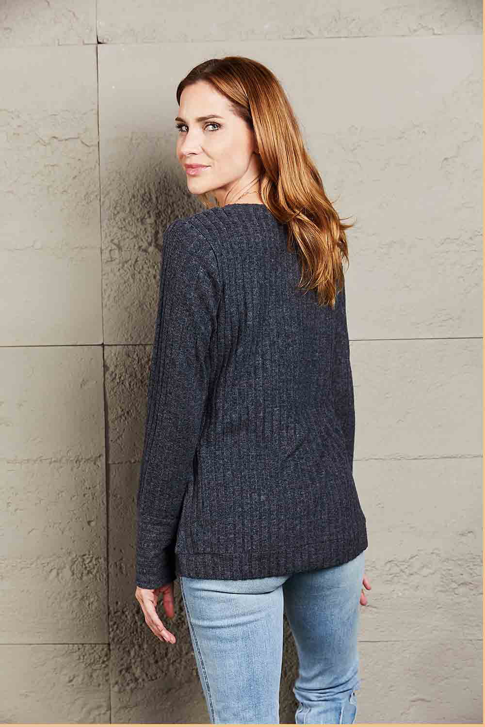 Double Take V-Neck Long Sleeve Ribbed Top - Aurelia Clothing