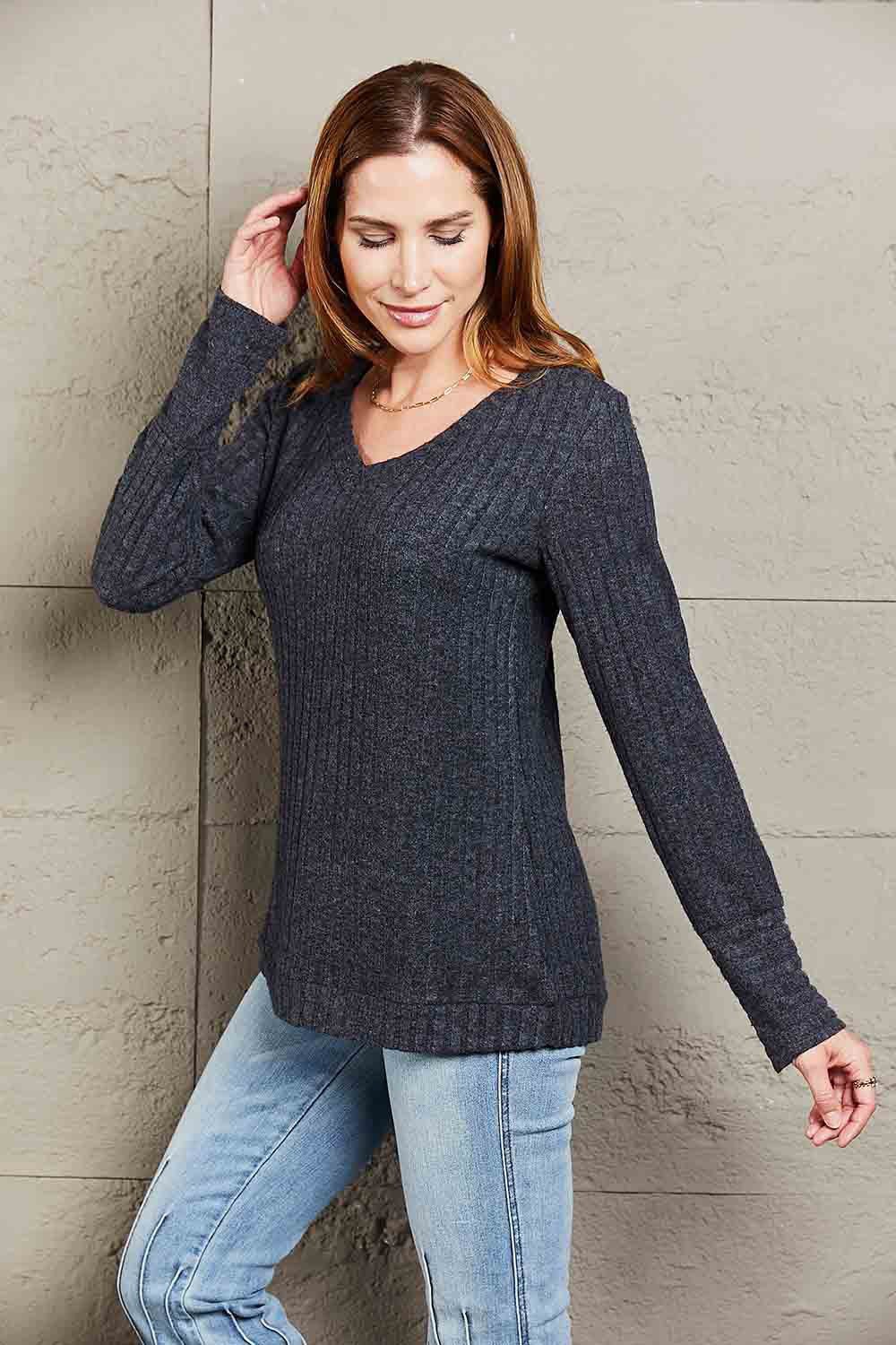 Double Take V-Neck Long Sleeve Ribbed Top - Aurelia Clothing