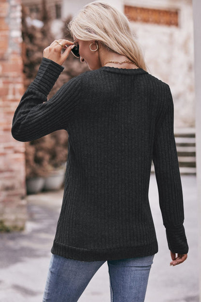 Double Take V-Neck Long Sleeve Ribbed Top - Aurelia Clothing