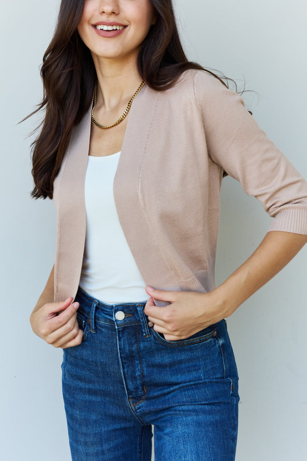 Doublju My Favorite Full Size 3/4 Sleeve Cropped Cardigan in Khaki - Aurelia Clothing