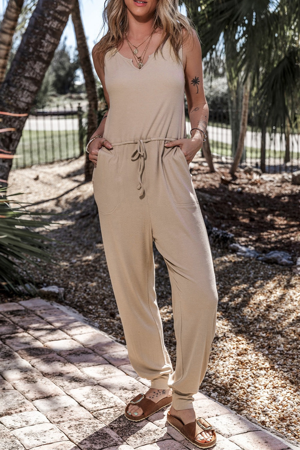 Drawstring Notched Wide Strap Jumpsuit - Aurelia Clothing