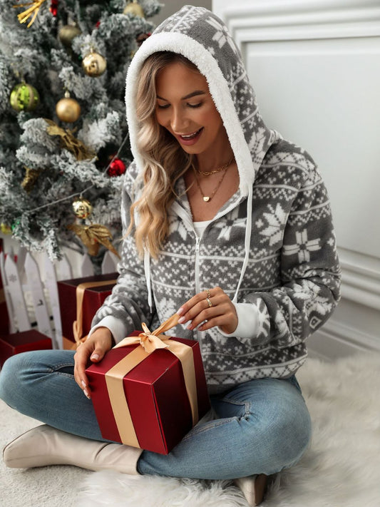 Drawstring Snowflake Zip Up Hooded Outerwear - Aurelia Clothing