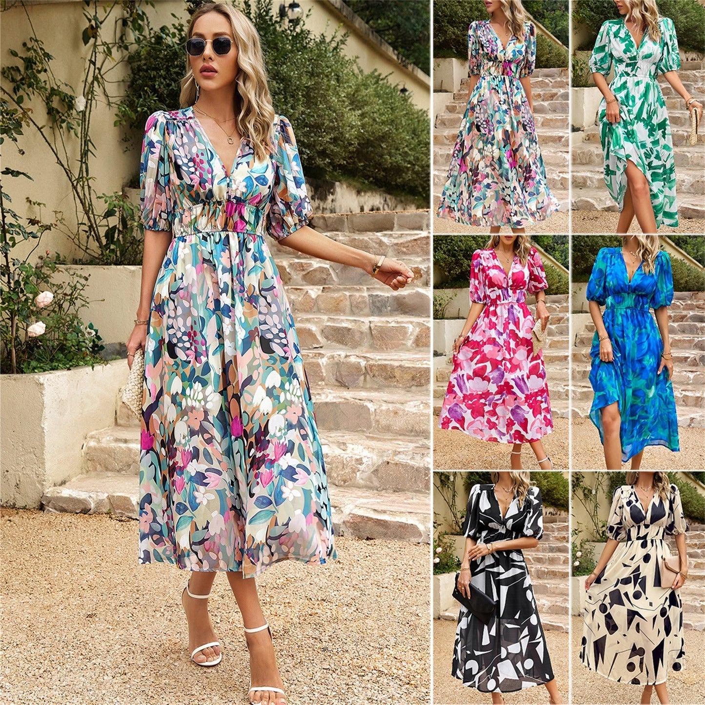 Dress with waist cinched V-neck printed long skirt - Free Shipping - Aurelia Clothing