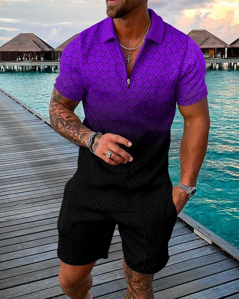 New Men's Fashion Casual Suit 3D Print Zip Short Sleeve Polo Shirt Shorts 2 Piece Set - Free Shipping - Aurelia Clothing