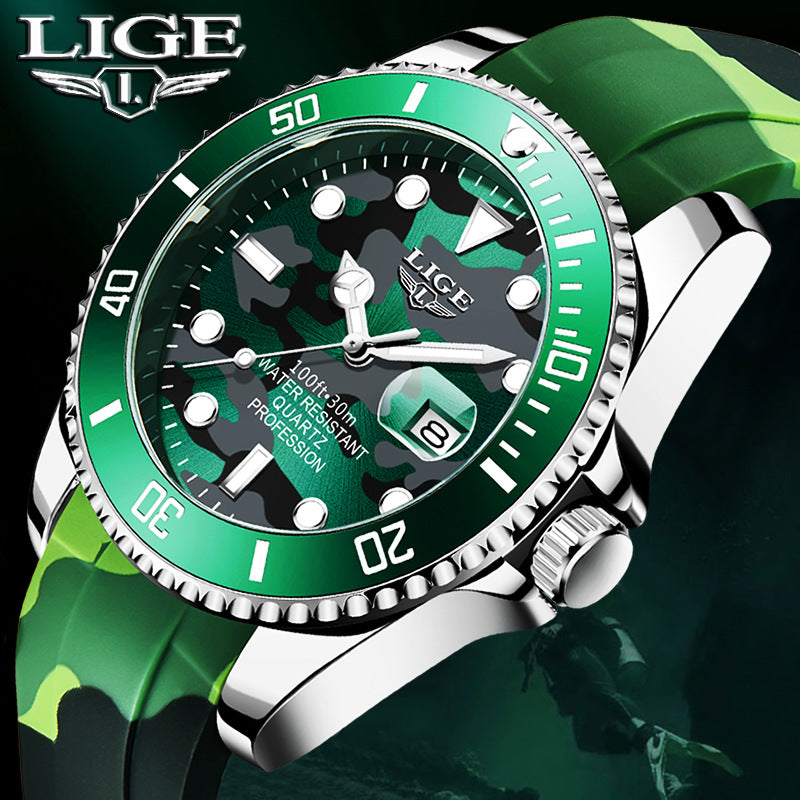 LIGE Men's Quartz Watch 30M Waterproof Watch Silicone Camo Strap - Free Shipping - Aurelia Clothing