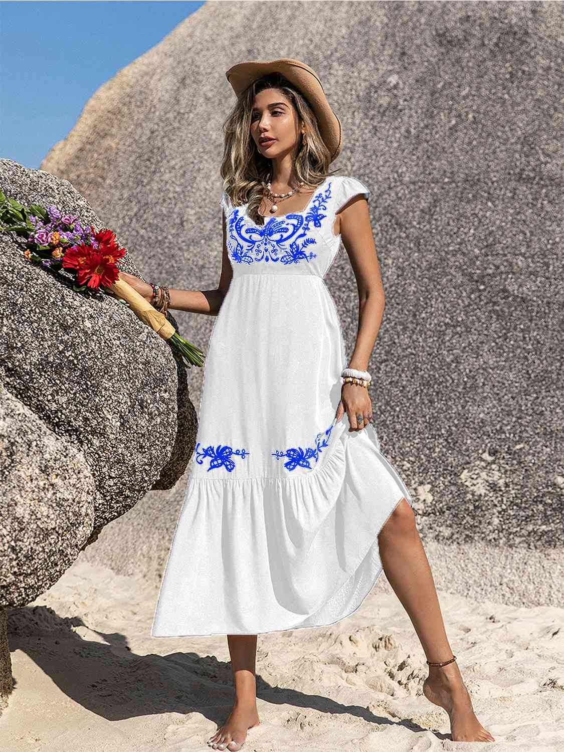 Embroidered Square Neck Ruffle Hem Dress - Aurelia Clothing