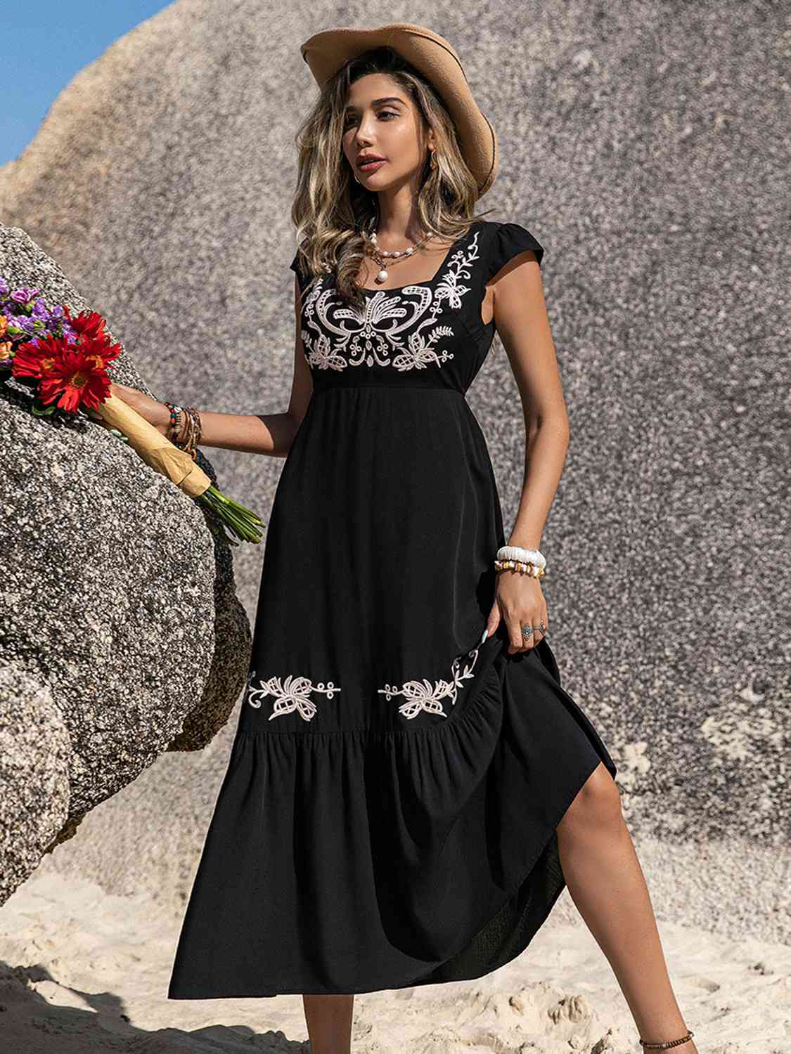 Embroidered Square Neck Ruffle Hem Dress - Aurelia Clothing