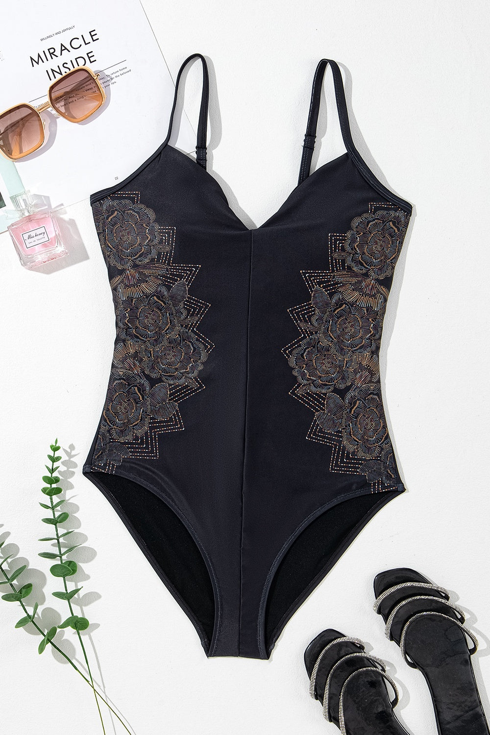 Embroidered V-Neck One-Piece Swimwear - Aurelia Clothing