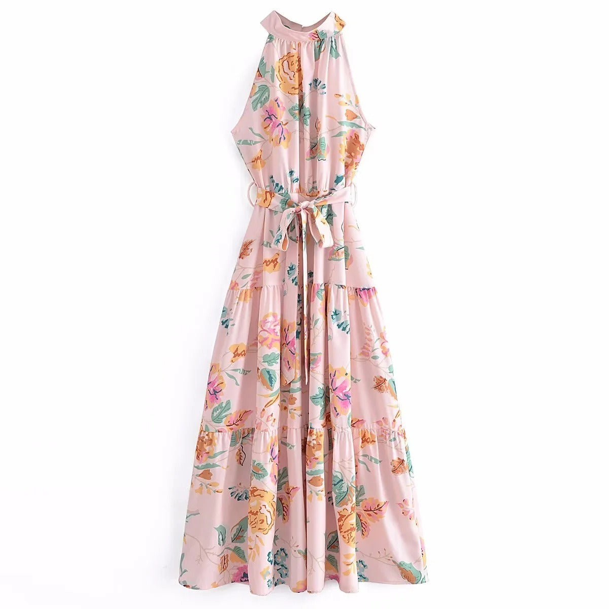 European and American New Fashion Sexy Sleeveless Hanging Neck Print Waist Pulling Dress Womens Long Dress - Free Shipping - Aurelia Clothing