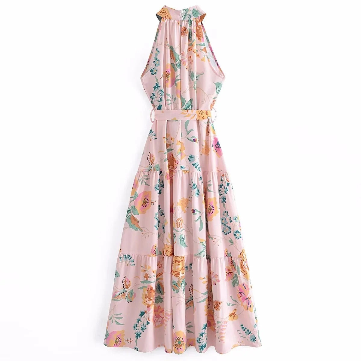 European and American New Fashion Sexy Sleeveless Hanging Neck Print Waist Pulling Dress Womens Long Dress - Free Shipping - Aurelia Clothing