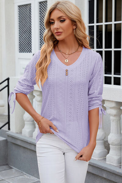 Eyelet Drawstring V-Neck Half Sleeve T-Shirt - Aurelia Clothing