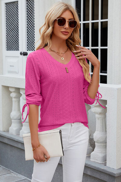 Eyelet Drawstring V-Neck Half Sleeve T-Shirt - Aurelia Clothing