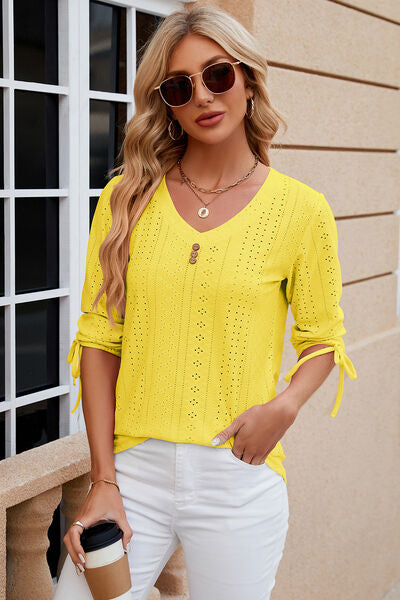 Eyelet Drawstring V-Neck Half Sleeve T-Shirt - Aurelia Clothing