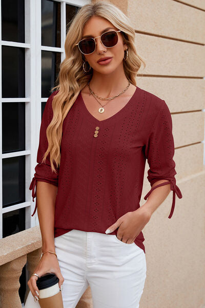 Eyelet Drawstring V-Neck Half Sleeve T-Shirt - Aurelia Clothing