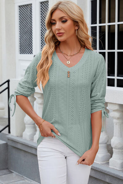 Eyelet Drawstring V-Neck Half Sleeve T-Shirt - Aurelia Clothing