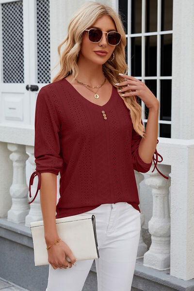 Eyelet Drawstring V-Neck Half Sleeve T-Shirt - Aurelia Clothing