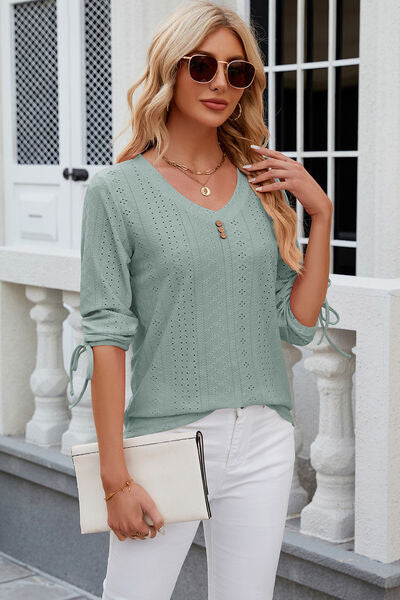 Eyelet Drawstring V-Neck Half Sleeve T-Shirt - Aurelia Clothing