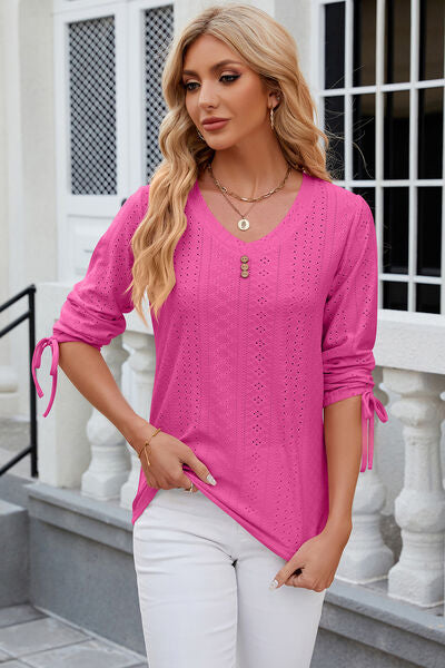 Eyelet Drawstring V-Neck Half Sleeve T-Shirt - Aurelia Clothing