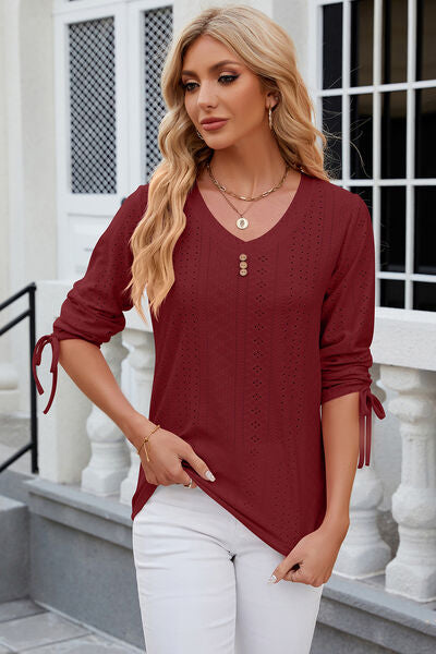 Eyelet Drawstring V-Neck Half Sleeve T-Shirt - Aurelia Clothing