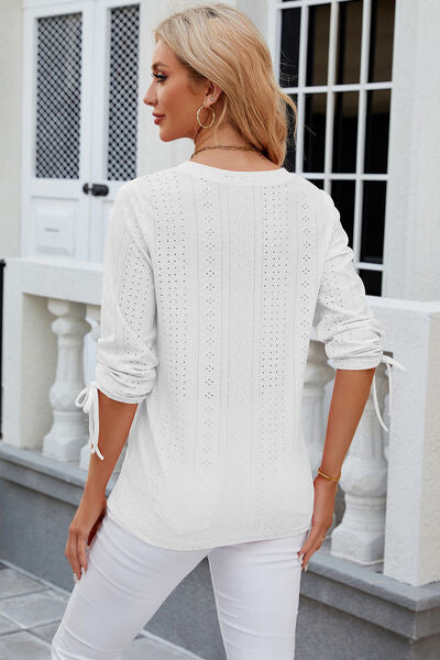 Eyelet Drawstring V-Neck Half Sleeve T-Shirt - Aurelia Clothing