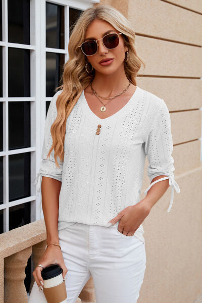 Eyelet Drawstring V-Neck Half Sleeve T-Shirt - Aurelia Clothing